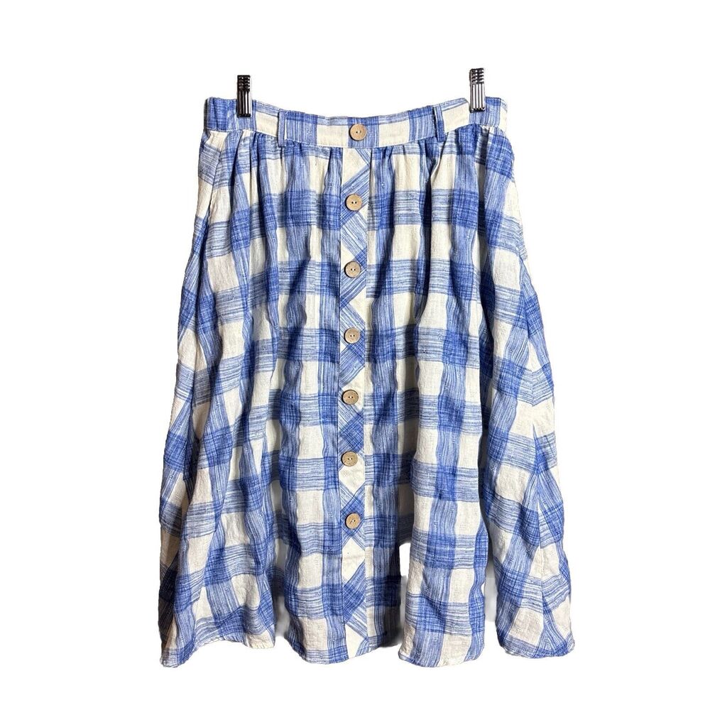 MIAMI  Womans A-Line Skirt Size Small Gingham Plaid Ivory Blue Faux Button Lined